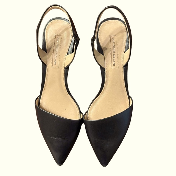 ANTONIO MELANI Shoes - Antonio Melani Klaudi Black Slingback Pointy Toe Wooden Block Heels Leather 7M.